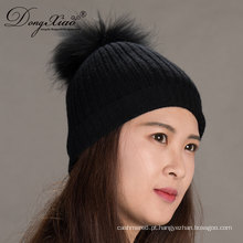 Tricô preto Handmade Real Raccoon Beanie Cashmere Hat com pele